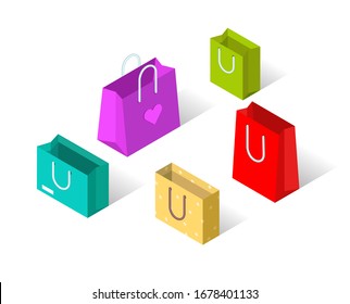 Shopping bag collection. Isometric paper bags isolated on white.