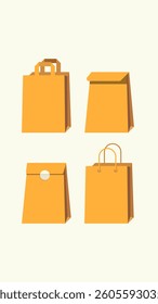 Shopping Bag Collection: Vector for Online Retail and Delivery. A set of four orange shopping bags, suitable for e-commerce, retail, and delivery service projects, rendered in a flat vector style.