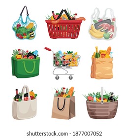Shopping bag colored set of paper plastic and textile bags basket and cart filled to top with food isolated vector illustration