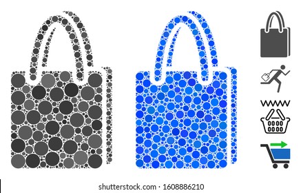 Shopping bag composition of circle elements in various sizes and color tones, based on shopping bag icon. Vector circle elements are grouped into blue collage.