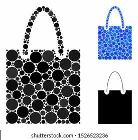 Shopping bag composition for shopping bag icon of round dots in various sizes and color hues. Vector dots are combined into blue collage. Dotted shopping bag icon in usual and blue versions.