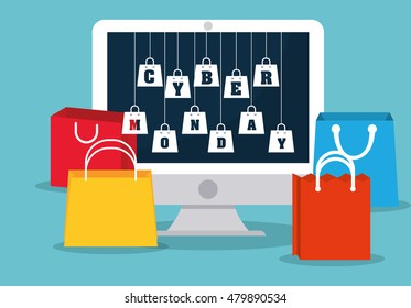 Shopping bag and computer icon. Cyber Monday ecommerce and market theme. Colorful design. Vector illustration