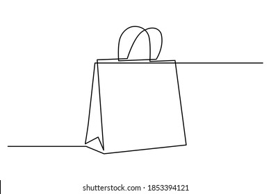Shopping bag in continuous line art drawing style. Paper package minimalist black linear sketch isolated on white background. Vector illustration