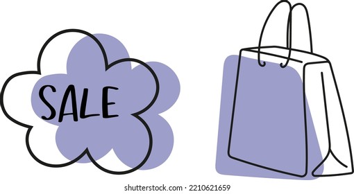 Shopping bag in continuous line art drawing style. Paper package minimalist black linear sketch in very pery color isolated on white background. Sale tag emblem or logo design in flowers