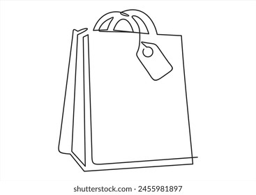 Shopping bag in continuous line art drawing style. Paper package minimalist black linear sketch isolated on white background. Vector illustration