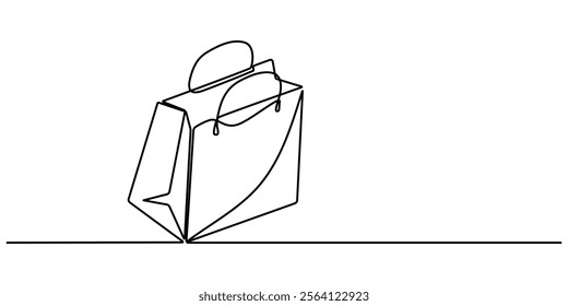 Shopping bag in continuous line art drawing style. Paper package black linear sketch isolated on white background. Vector illustration, Continuous single line drawing of shopping bag design. Simple. 