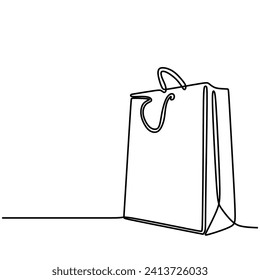 Shopping bag in continuous one line art drawing. Paper package minimalist isolated vector illustration.