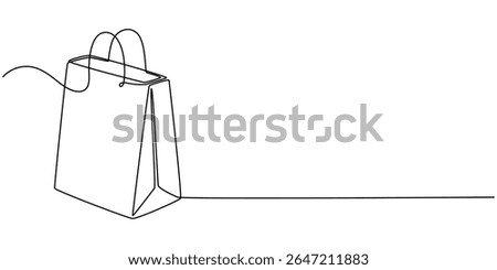Shopping bag continuous one line drawing, Continuous one line drawing of a shopping bag in minimalist linear style, simple black sketch of paper package on white background, continuous one line draw