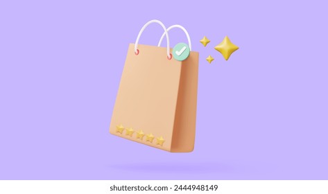 Shopping bag with correct mark verify 3D icon on purple pastel background. Sparkle magic, discount, promotion, sale, banner, website. minimal cartoon style, Eps 10 vector. 3d render illustration