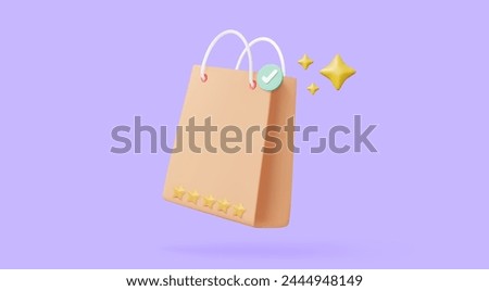 Shopping bag with correct mark verify 3D icon on purple pastel background. Sparkle magic, discount, promotion, sale, banner, website. minimal cartoon style, Eps 10 vector. 3d render illustration