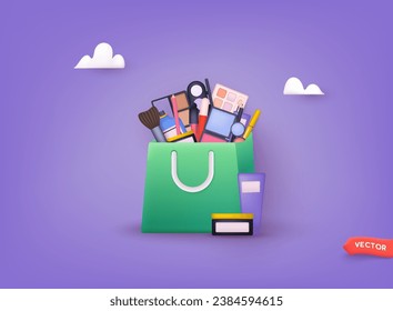 Bolsa de compras con cosméticos. Belleza y cuidado de la piel. Cartel y banner de promoción, compras y descuentos. Oferta para clientes habituales.Ilustraciones de vectores Web 3D. 