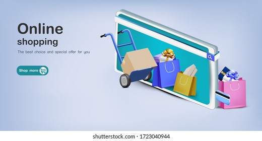 Shopping bag with credit card and tablet for online shopping