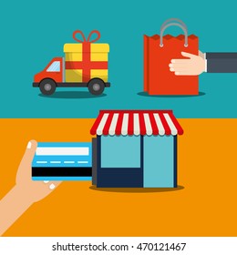 shopping bag credit card truck gift store online payment ecommerce icon. Flat illustration. Vector graphic