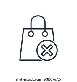 Bolsa de compras y botón de cruce. Cancelar compra. Icono lineal vectorial aislado en fondo blanco.
