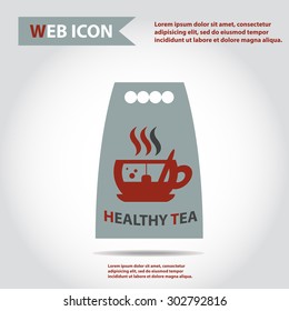 Shopping bag with cup of hot tea and steam. idea for package appearance, design. Web icon, flat, vector.