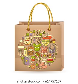 Shopping bag and cute colorful toy and wear baby icon.