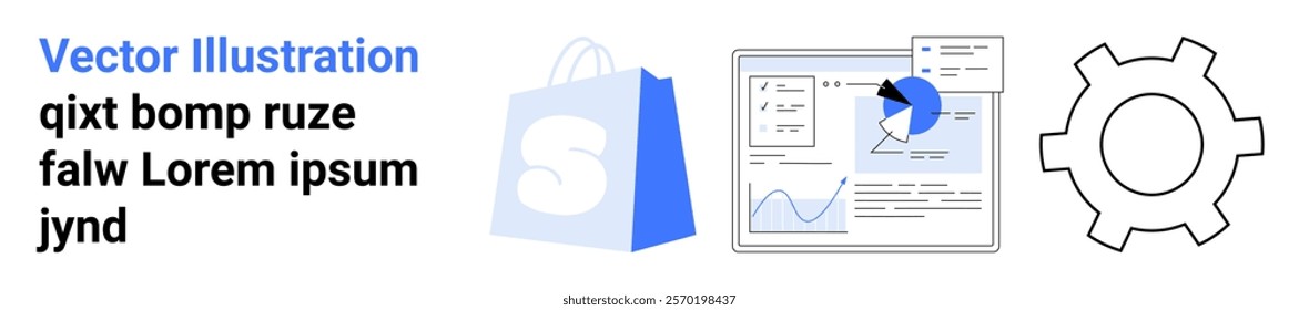 Shopping bag, data analytics dashboard, and gear symbol. Ideal for e-commerce, data analysis, web development, online shopping, and marketing. Landing page