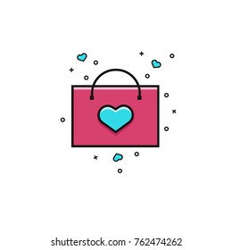 Shopping bag decorated with heart flat color line icon. Love shopping vector illustration. Template for Valentine's Day, Mother Day, Women Day sales. 