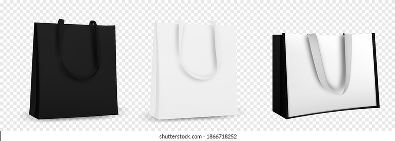 Shopping bag design. Black and white tote shopping bags identity mock-up item template transparent background.