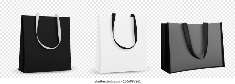 Shopping bag design. Black and white tote shopping bags identity mock-up item template transparent background.