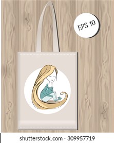 Shopping bag design on the wooden background. kid travel and beach bag. vector vintage illustration.