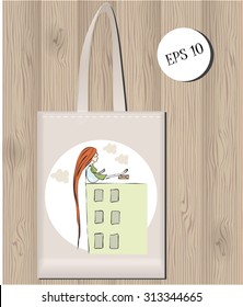 Shopping bag design on the wooden background. kid travel and beach bag. vector vintage illustration.