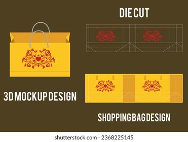 Shopping bag die cut template, paper bag die cut template, 3d bag mockup.  paper bag packaging die-cut.
