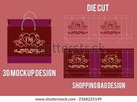 Shopping bag die cut template, paper bag die cut template, 3d bag mockup.  paper bag packaging die-cut.
