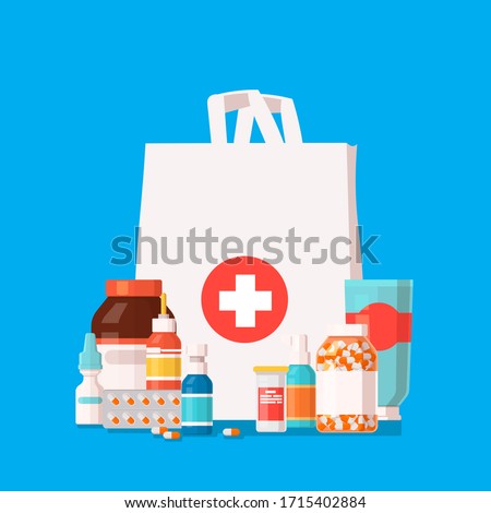 Shopping bag with different medicaments. Vector flat illustration.
