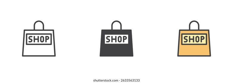Shopping Bag different style icon set. Line, glyph and filled outline colorful version, outline and filled vector sign. Symbol, logo illustration. Vector graphics