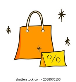 shopping bag with discount label vector illustration icon design template with filled outline doodle hand drawn style for shop and market