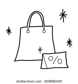 shopping bag with discount label vector illustration icon design template with outline doodle hand drawn style for shop and market