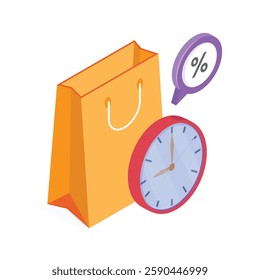 A shopping bag with a discount percentage sign and a clock, highlighting a time limited offer.