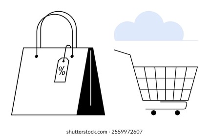 A shopping bag with a discount tag and a shopping cart are shown against a simple cloud backdrop. Ideal for themes such as online shopping, retail discounts, e-commerce, sales promotion