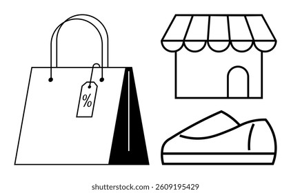 Shopping bag with a discount tag, storefront, and shoe. Ideal for retail, discounts, sales promotion, fashion, marketing, commerce, and small businesses themes. Line metaphor