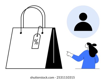 Shopping bag with a discount tag, a user icon in a blue circle in the background, and a person pointing. Ideal for ecommerce, sales promotion, user experience, online retail, customer engagement