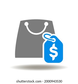 Shopping bag with discount tag vector illustration. Marketing price product symbol.