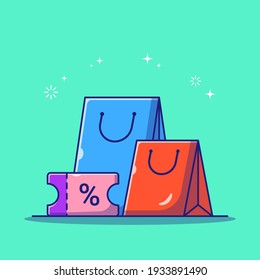 Shopping Bag and Discount Voucher Giveaway. Business and Ecommerce Icon Concept. Flat Cartoon Vector Illustration Isolated.