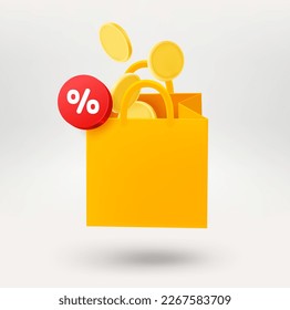 Shopping bag with discountt label. 3d vector icon isolated on white background