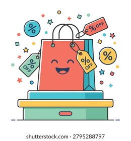 Shopping bag displayed with discount labels and promotional symbols. Suitable for retail campaigns, ecommerce promotions, seasonal sales and shopping projects