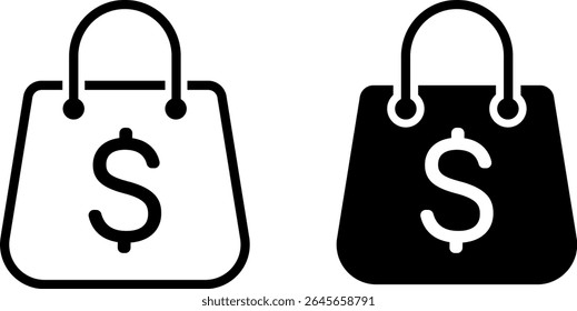 sacola de compras com conjunto de ícones de dólar. simboliza a percepção do consumidor. análise de compras. gastos e câmbio financeiro. poder de compra financeiro
