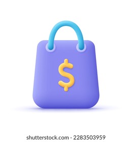 Shopping bag with dollar sign. Commerce and shopping concept. 3d vector icon. Cartoon minimal style.