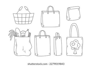 Shopping bag doodles set. Doodle elements collection with hand drawn cart, paper bag, tote bag, bag with products. Sketch bags for shopping. Isolated vector illustration