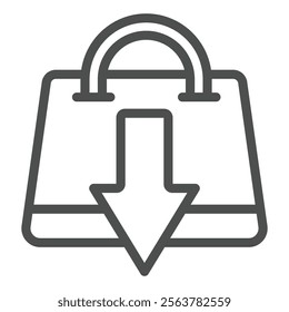 Shopping bag with down arrow line icon, global sanctions concept. Vector graphics. Low consumer basket, buying reduce sign on white background, outline style icon for mobile or web design