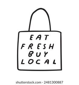 Shopping bag. Eat fresh buy local. Vector badge. Illustration on white background.