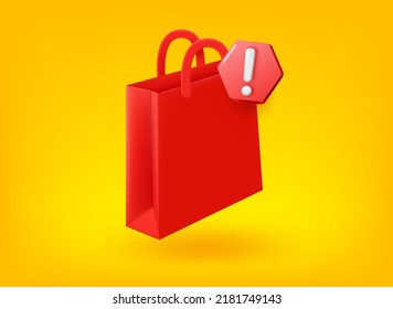 Shopping bag with exclamation point pictogram. Vector 3d illustration