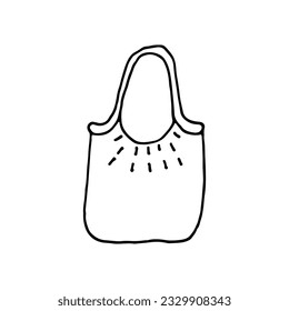 Bolsa de compras. Bolsa ecológica cómoda y de moda. Accesorio. Doodle. Dibujado a mano. Ilustración vectorial. Esquema.
