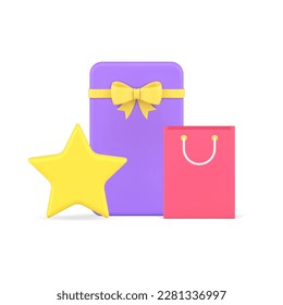 Shopping bag favorite store present gift box surprise best offer holiday celebrate 3d icon realistic vector illustration. Store purchase order merchandise birthday anniversary festive congrats