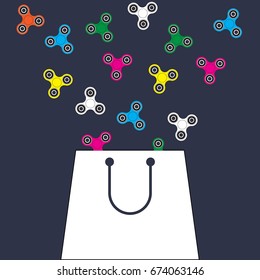 Shopping bag with fidget spinners. Flat design vector background