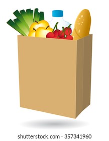 Shopping bag filled with food. Free delivery or nearby merchant vector icon.
II
